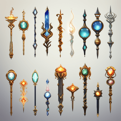 Magic wand elements game asset sheet with cinematic lighting