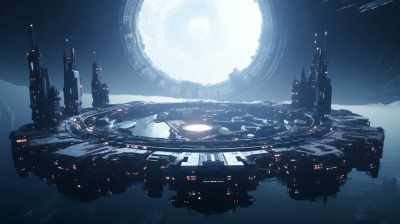 Futuristic Cyberpunk Space Station Above Earth in Anime Style
