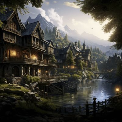 Grimdark mystic elven village by a river with detailed balconies