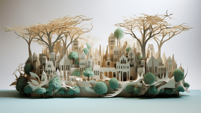 3D paper model of a mid-century fantasy city with trees by @tatasz