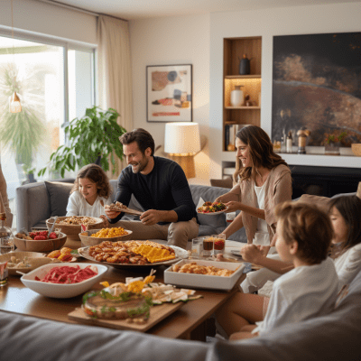 Family enjoying a gourmet meal together in a cozy living room