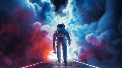 Astronaut emerging from rocket exhaust with vibrant neon lights