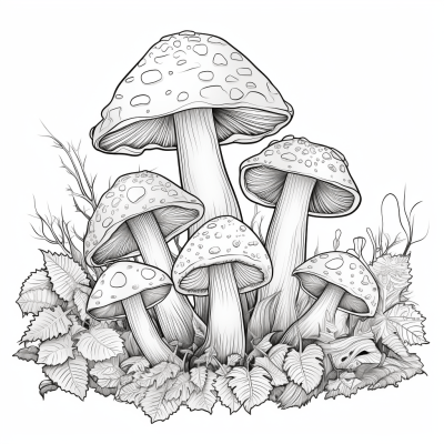 Smiling Mushrooms Line Art for Adult Coloring Book in HD