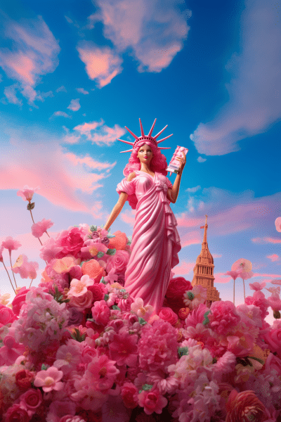 Playful Statue of Liberty with a Barbie-inspired whimsical style