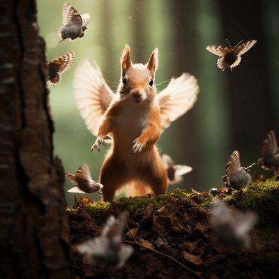 Wildlife in action with flying bird, grazing deer, and climbing squirrel