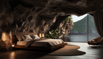 Luxury coconut bedroom with stone decor and mountain views
