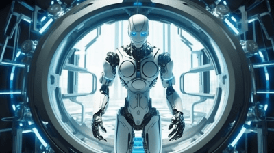 Futuristic robotic assembler crafting a humanoid robot with blue lighting