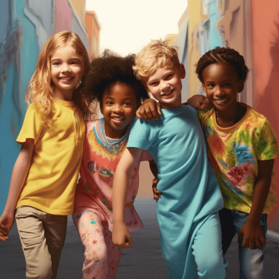 Hyper-realistic photo of diverse children in warm sunny lighting