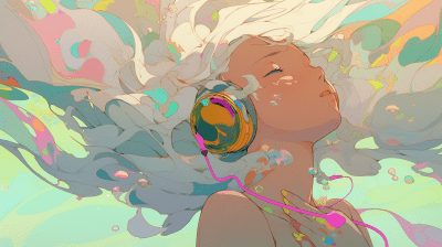 Anime girl underwater with headset, hair flowing, retro pastel hues