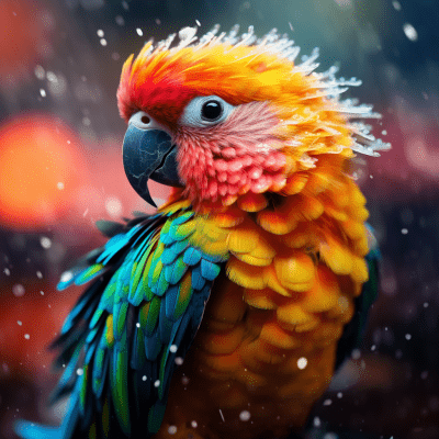 Hyperdetailed colorful parrot in a raincoat with beautiful lights