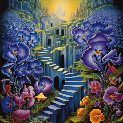 Vibrant Fibonacci sequence of violets with Escher and Banksy influences