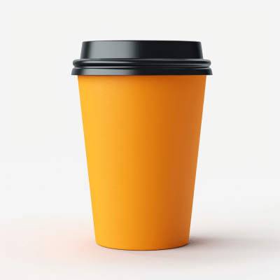 Large orange paper coffee cup with black lid on white background