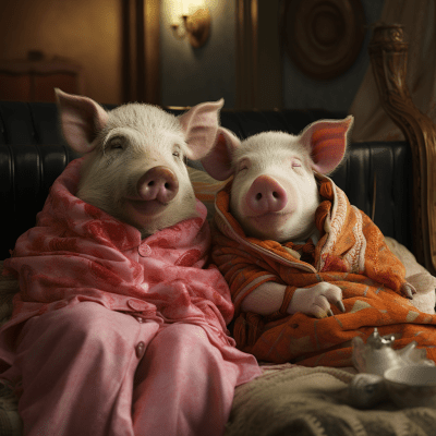 Pig and cow sleeping together in a Wes Anderson inspired scene