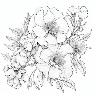 Monochrome Japanese flowers coloring book page with thick outlines
