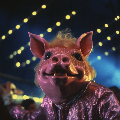 Greasy pig demon in 80s disco setting with retro occult vibe