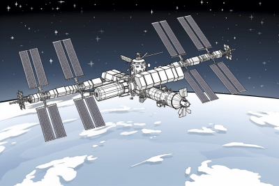 Cartoon-style International Space Station coloring book page