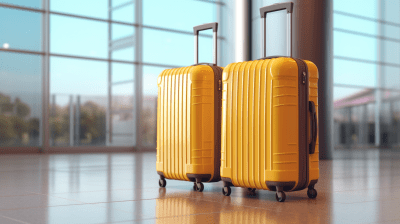 Two yellow plastic suitcases in front of airport windows