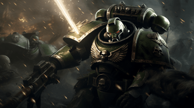 Warhammer 40K Space Marine charging into battle with Necrons
