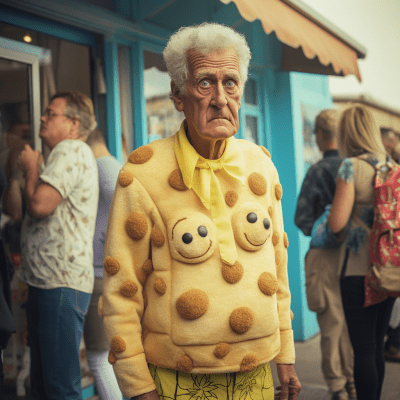 Elderly man in SpongeBob costume with a lifelike, sharp portrayal