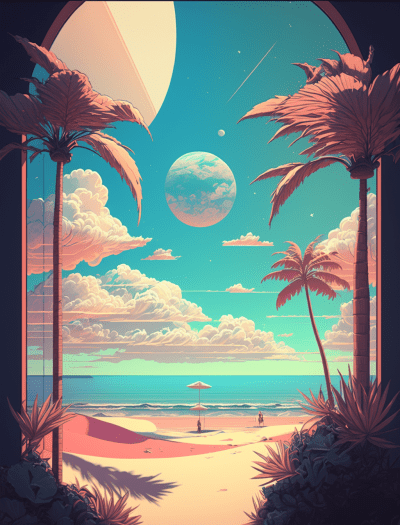 Psychedelic beach scene with palm trees and celestial bodies