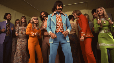 1975 vibrant party with stylish outfits and cinematic high-definition