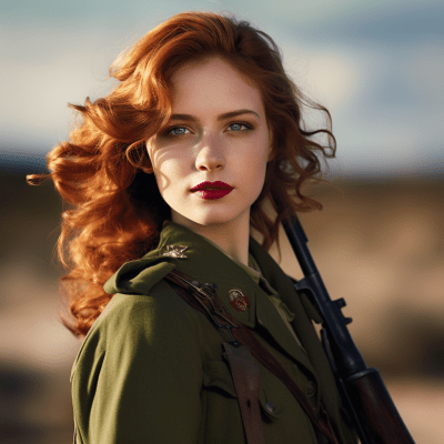 Young woman with blue eyes in WWII US military uniform on battlefield