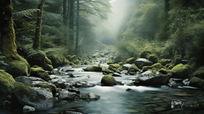 Serene mountain stream in a dense forest with glistening waters