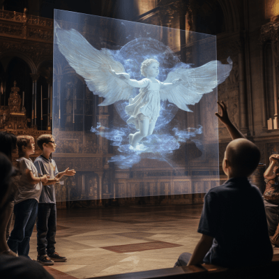 Futuristic hologram cherub delivering news to crowd with cyberpunk vibes