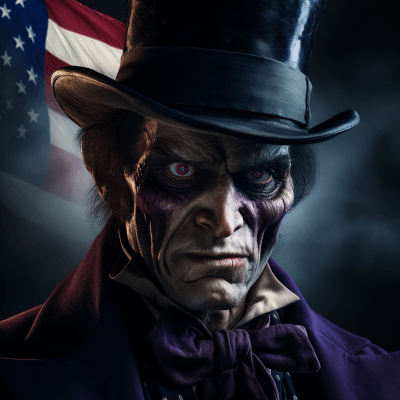Sinister Mr. Hyde with a swollen eye in front of an American flag