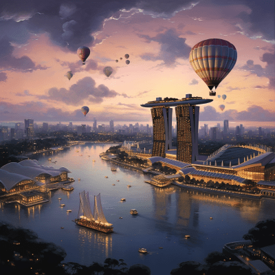 Futuristic cityscape with Marina Bay Sands Hotel floating and hot air balloons
