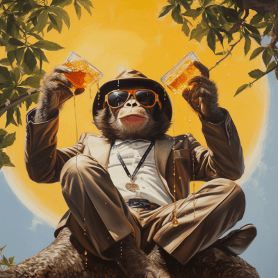 Playful monkey hanging upside down with sunglasses, syrup, and banana