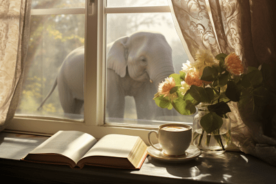 Sunny windowsill with book, plant, coffee, sandwich, and binoculars