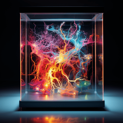 Vibrant colored neurons in a seamless glass box