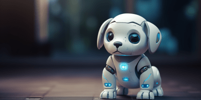 Cute robot puppy with high-tech features in dynamic lighting