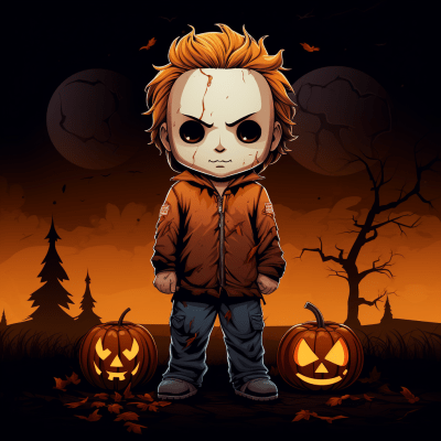 Cartoon boy dressed as Michael Myers in a whimsical style