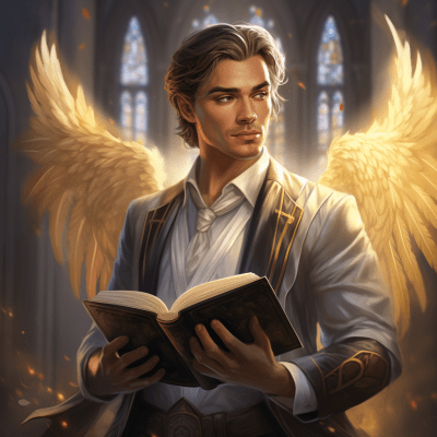 Hand-drawn male angelic scholar portrait in Pathfinder 2e style