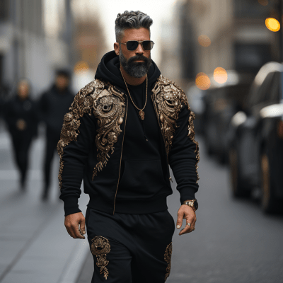 Futuristic menswear in black and gold for street style fashion