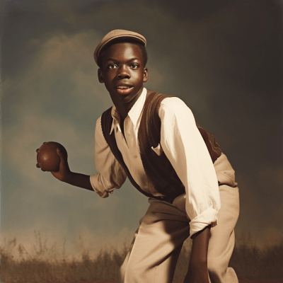 Afrocentric teen in 1940s attire throwing a baseball