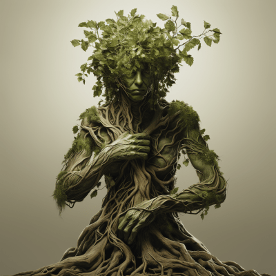 Realistic leafy green tree with human-like shape bowing in respect