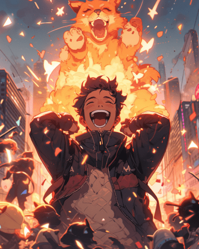 Cheerful man causing chaos and destruction in a city