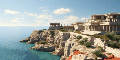 Wealthy Minoan Greek palace beside the vast sea in photorealistic style