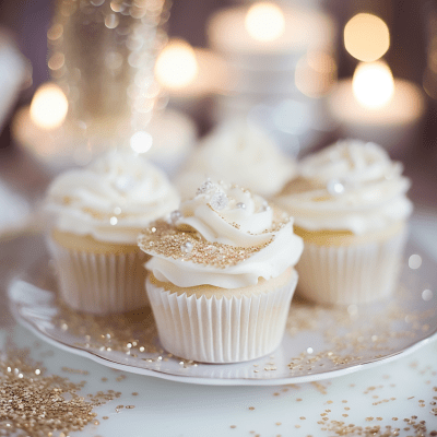 Close-up of elegant sparkly white wedding cupcakes