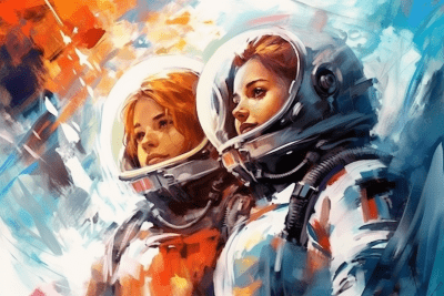 Watercolor Art of Women Astronauts Holding Hands Adrift in Space