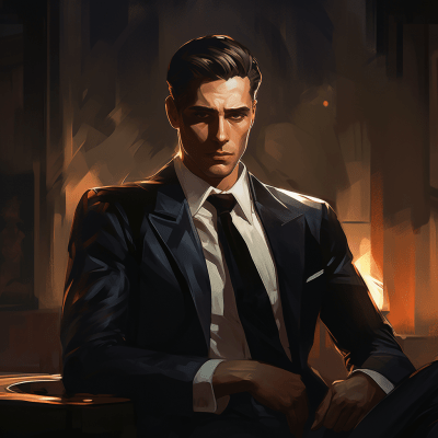 Comic-style painting of a suave young man in a luxurious, mysterious setting