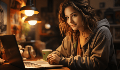 Woman at home with laptop in warm amber and maroon tones