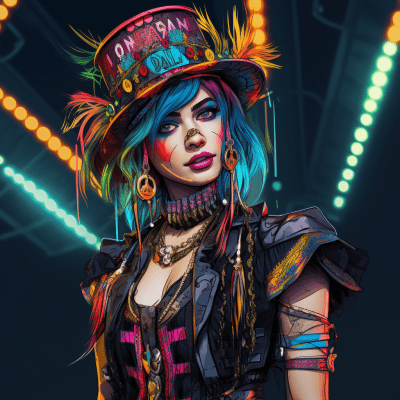 Female circus worker in neon punk steampunk outfit with bold colors