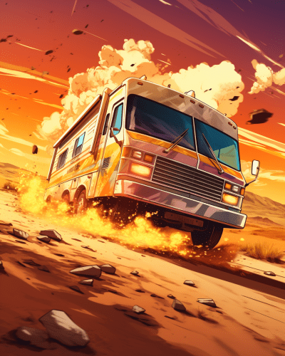 Dramatic RV speeding through desert like GTA game artwork
