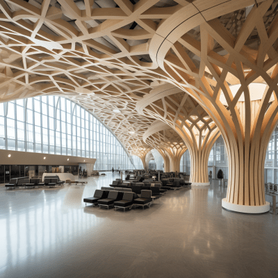 Artistic wooden airport front view with trapezoidal design by Marcel Wanders