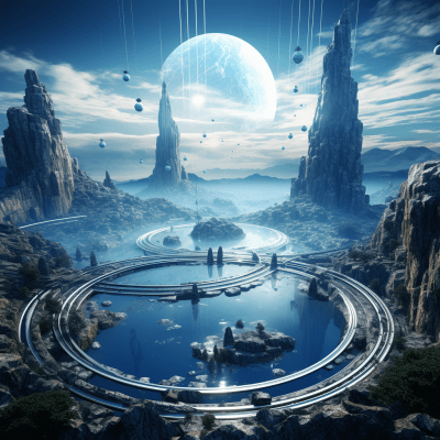 Surreal blue parametric cityscape on Saturn’s rings with waterfalls