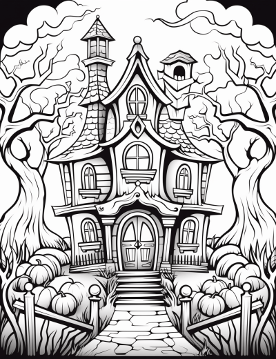 Halloween-themed black and white coloring page for kids